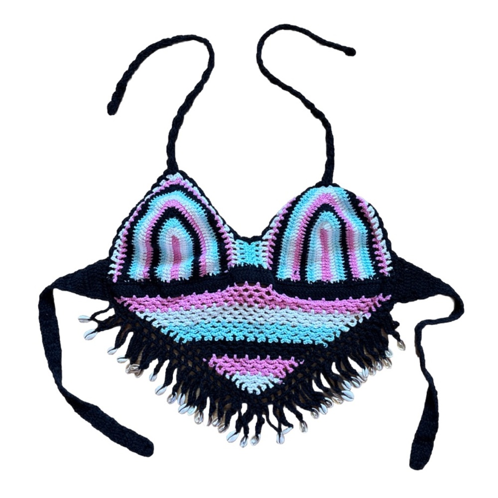 Island Planet Crochet Halter Top Shells Boho Beach Festival Coastal Small